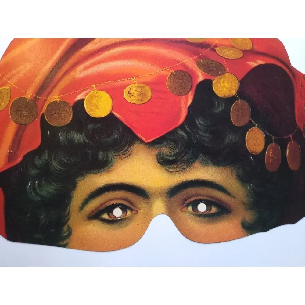 Vintage Paper Women Fortune Teller Turban Coin Mask Victorian Style Costume